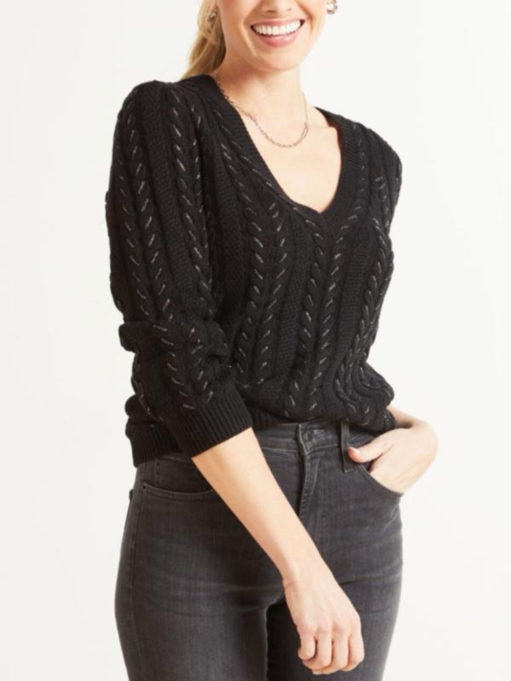 PAIGE Dorthea Black Gunmetal Metallic V-Neck Sweater Cable Knit Large $229
